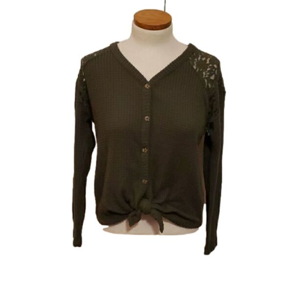 Ten Sixty Sherman Girls Waffle Knit Lace Detail Long Sleeve Knot Front Top Sz XL - Picture 1 of 5